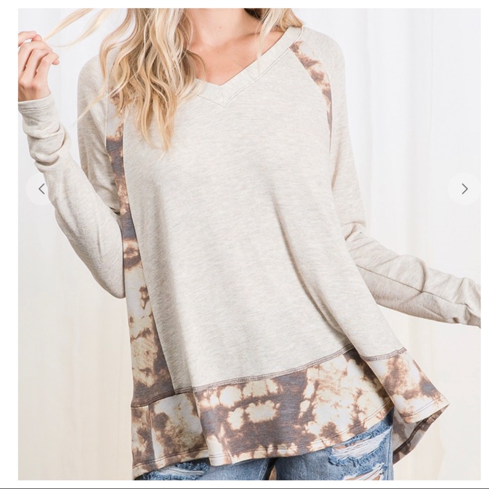 Lindsey Two Tone Fabric and Tie Dye Print Color Block Top